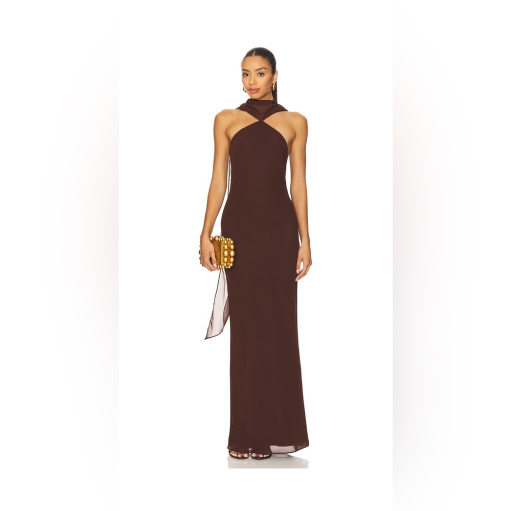 Amanda Uprichard Chocolate Brown Backless Dress with Scarf Detail